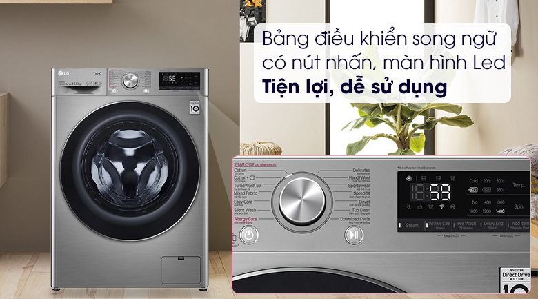 Máy giặt LG Inverter 10.5 kg FV1450S3V-Thiết kế sang trọng với nắp kính chịu lực, tinh tế cùng bảng điều khiển song ngữ có nút nhấn, màn hình Led hiển thị rõ nét